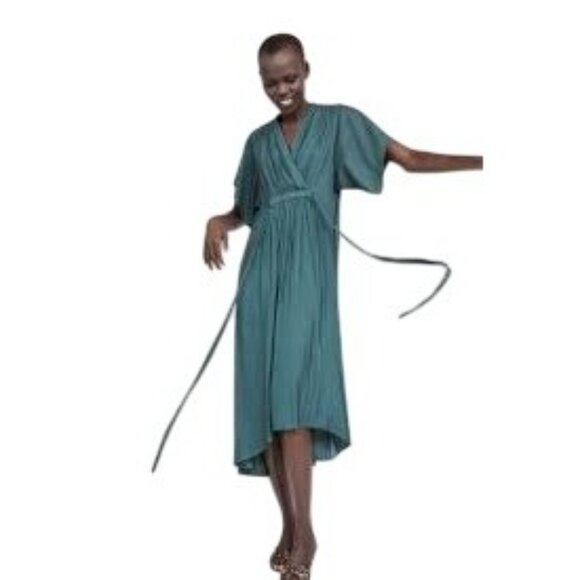 ZARA XS Green Midi Wrap Dress Tie Waist Puff Sleeves Polyester Fabric - Picture 3 of 15